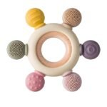 Anubhav Janni 2 in 1 Baby Teether BPA Free Sensory Toys for Babies Newborn Infant Safe Infants Round Shape Gifts One Year Old Boys Girls Silicone Wooden Soft Teething Toy (pack of 1)