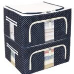 Anubhav Janni 44 Ltr Bag Blue Dot Printed Steel Frame Storage Box Organizer Clothing Blankets Bedding Clear Window Clothes Box Foldable Organizer Wardrobe Saree Shirts Blankets (Pack Of 1 Pcs)