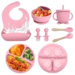Anubhav Janni Silicone Baby Feeding Set Led Weaning Supplies BPA Free Set Suction Bowl Forks Spoons Bib Cup Develops Self Skills Dishwasher Safe Months BPA Free Plate Bib (Set Of 8 Pcs)