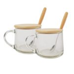 Anubhav Janni Glass Handle Mug With Wooden Lid And Spoon (380 Ml) Coffee Cup Breakfast Walled Cups Mugs Milk Tea Milk Latte Best Gift Office Milk Coffee Soup Fruit Ice Cream (Pack Of 1 Pcs)