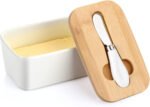 Anubhav Janni Ceramic Butter Box 650 Ml Large Dish with Lid Ceramics Keeper Container Knife High Quality Silicone Sealing Dishes Covers Good Kitchen Home Gift Storage Wooden Lid (Pack Of 1 Pcs)