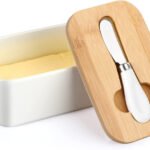 Anubhav Janni Ceramic Butter Box 650 Ml Large Dish with Lid Ceramics Keeper Container Knife High Quality Silicone Sealing Dishes Covers Good Kitchen Home Gift Storage Wooden Lid (Pack Of 1 Pcs)