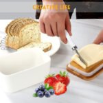 Anubhav Janni Ceramic Butter Box 650 Ml Large Dish with Lid Ceramics Keeper Container Knife High Quality Silicone Sealing Dishes Covers Good Kitchen Home Gift Storage Wooden Lid (Pack Of 1 Pcs) - Image 5