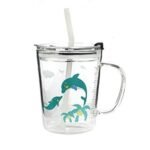 Anubhav Janni Glass Mug Spill Proof Lid And Straw Tumbler Coffee Tea Cup Travel Fruit Juice Bottle Home Office Milk Flower Drinking Girls Kids Transparent Tea Coffee Juice (Pack Of 1 Pcs)