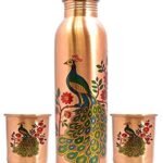Anubhav Janni Peacock Printed Copper Water Bottle With Glass Pure Water Seamless Print Design Leak Proof Ayurvedic Tamba Health Gym Office Home Prined Design Use Traveling (Pack Of 1 Pcs)