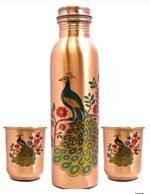 Anubhav Janni Peacock Printed Copper Water Bottle With Glass Pure Water Seamless Print Design Leak Proof Ayurvedic Tamba Health Gym Office Home Prined Design Use Traveling (Pack Of 1 Pcs)