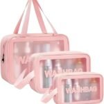 Anubhav Janni Wash Bag Pouch for Travel Kit Toiletry Pink Faux Leather Piece Makeup Brushes Accessories Cosmetic Bags Handles Transparent Water-Repellent Organizer Storage Women Girls (pack of 3)