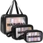 Anubhav Janni Wash Bag Pouch for Travel Kit Toiletry Nylon Cosmetic Make Up Box Brushes Accessories with Handle Large Capacity Translucent Waterproof Storage Organizer (Pack of 3)