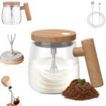 Anubhav Janni Mixing Coffee Cup Automatic Stirring Glass Mixing Cup with Scale Line Borosilicate Mug Wooden Style Handle and Lid Self Mug Electric High Speed Rechargeable Self Coffee (pack of 1)