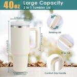 Anubhav Janni Tumbler with Handle Rose Cream Large Travel Mug Straw and Lid Double Wall Vacuum Insulated Flask Leakproof BPA Free Keeps Drinks Hot Stainless Steel Coffee Mugs Cups (pack of 1) - Image 3