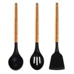 Anubhav Janni Wooden Spatula Black Kitchen Utensil Silicone Cooking Tools Wood Handles Ladle Slotted Turner Non Stick Utensils Handle Cookware Heat Resistant Silicon Kitchen (Set Of 3)