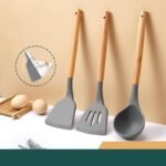 Anubhav Janni Wooden Spatula Black Kitchen Utensil Silicone Cooking Tools Wood Handles Ladle Slotted Turner Non Stick Utensils Handle Cookware Heat Resistant Silicon Kitchen (Set Of 3) - Image 2