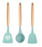 Anubhav Janni Wooden Spatula Sky Silicone Handle Kitchen Tools Heat Resistant Non Stick Cooking Mixing Spatulas Non Stick Pans Utensils Resistant Spatula Turner Spoon Safe Cookware (Set Of 3)