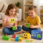 Anubhav Janni Crazy Face Puzzle Toy Kids Emoji Expression Matching Blocks Educational Wooden Game Preschool Kindergarten Early Learning Children Game Ages Cube Brain Teaser Changing (Set Of 1) - Image 3