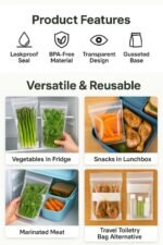 Anubhav Janni Food Storage Bag Reusable Long Ziplock Bags Transparent Airtight Zipper Pouches Vegetable Fruits Snacks Kitchen Leakproof Freezer Safe Organizer Travel Vegetable (Set Of 15) - Image 5