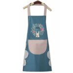Anubhav Janni Apron Desing Blue Kitchen With Floral Cat Design Teal Beige Pocket Adjustable Straps Hand Wiping Towels Women Kitchen Towel Washable PVC And Chef (Pack Of 1 Pcs)