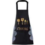 Anubhav Janni Apron Cooking Black Women Kitchen Hand Wipe Pockts Big Pocket Hand Wiping Waterproof Baking Center Pocket Towel Men Apron Cotton Gold Utensil Design Front Pocket (Pack Of 1 Pcs)