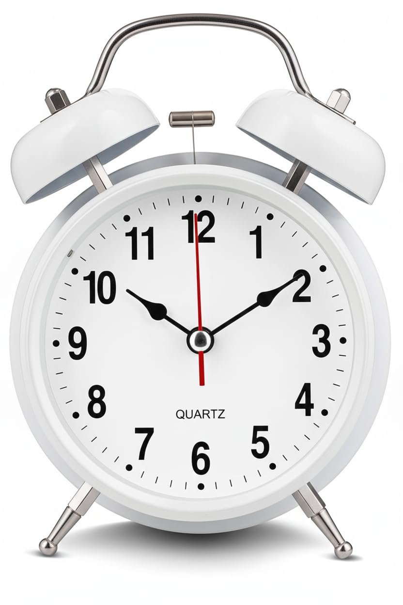 Anubhav Janni Twin Bell White Clock Table Top Alarm Night LED Light Display Bedroom Heavy Sleepers Kids Students Vintage Analog Slippers Loud Ideal Student Bedside Home Office (Pack Of Pcs) Anubhav Janni Twin Bell White Clock Table Top Alarm Night LED Light Display Bedroom Heavy Sleepers Kids Students Vintage Analog Slippers Loud Ideal Student Bedside Home Office (Pack Of Pcs) - Image 1