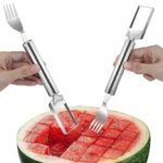 Anubhav Janni 2 In 1 Watermelon Fork Slicer Spoon Cutter Fruit Tool Cutter Stainless Steel Knife Outdoor Gadget Tool Cutter Easy Cubes Home Party Picnic Kitchen Camping Summer (Set Of Pcs) - Image 5