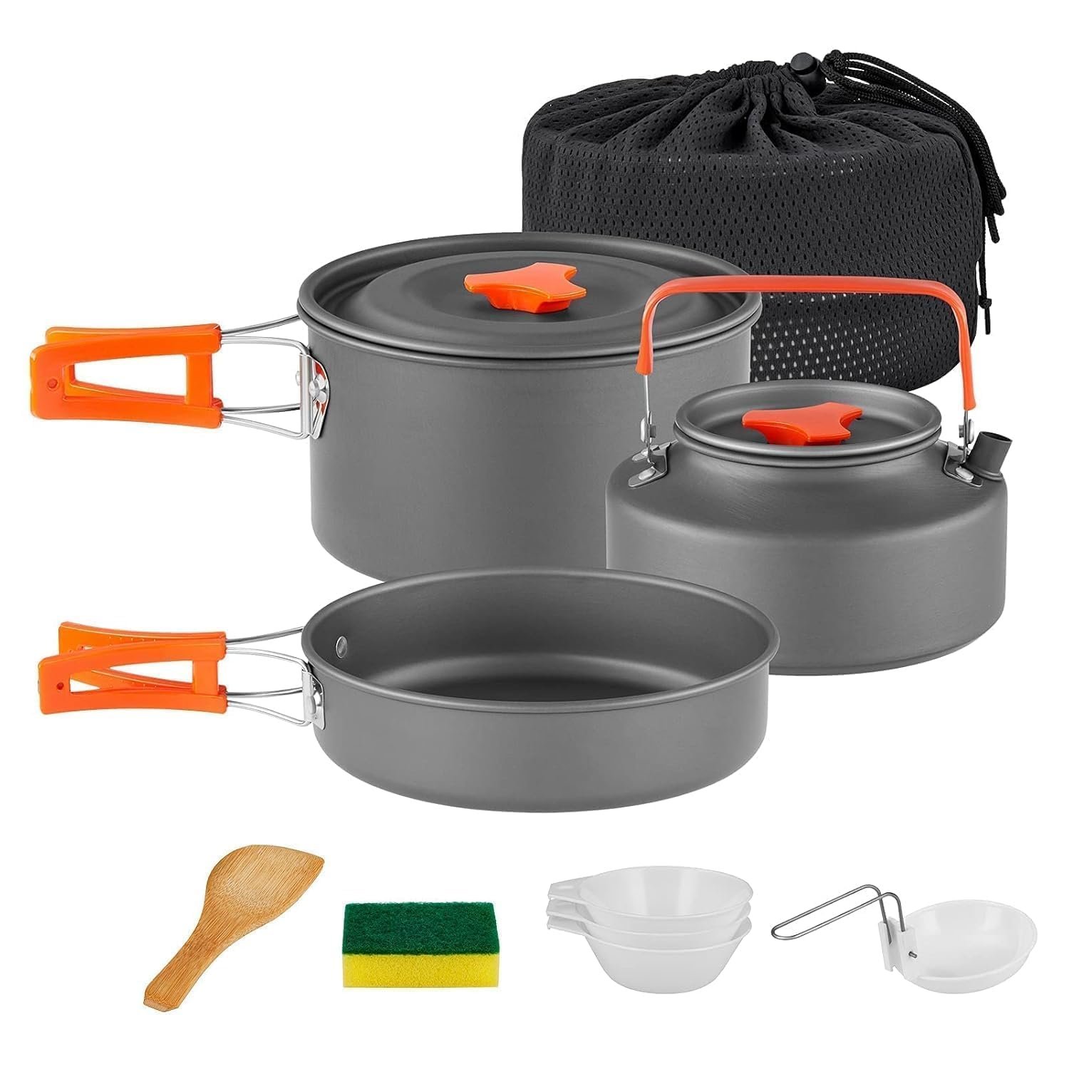 Anubhav Janni Camping Cookware Set Kit Non Stick Foldable Handles Utensils Carry Bag Travel Picnic Cooking Family Outdoor Pot Kettle Bag Portable Set Tea Orange Handle Hiking (Pack Of 1 Pcs) Anubhav Janni Camping Cookware Set Kit Non Stick Foldable Handles Utensils Carry Bag Travel Picnic Cooking Family Outdoor Pot Kettle Bag Portable Set Tea Orange Handle Hiking (Pack Of 1 Pcs) - Image 1