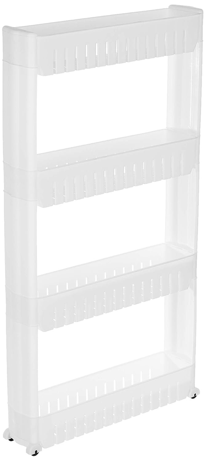 Anubhav Janni 4 Layer Slim Rack Shelf Slide Out Organizer Kitchen Bathroom Pantry Utility Storage Floor Standing White Sleek Storage Trolley Dining Bathroom Laundry (Pack Of 1 Pcs) Anubhav Janni 4 Layer Slim Rack Shelf Slide Out Organizer Kitchen Bathroom Pantry Utility Storage Floor Standing White Sleek Storage Trolley Dining Bathroom Laundry (Pack Of 1 Pcs) - Image 1