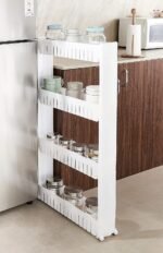Anubhav Janni 4 Layer Slim Rack Shelf Slide Out Organizer Kitchen Bathroom Pantry Utility Storage Floor Standing White Sleek Storage Trolley Dining Bathroom Laundry (Pack Of 1 Pcs) - Image 5