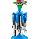 Anubhav Janni Round Kitchen Cutlery Set Flower Lily Stainless Steel With Stand Dinner Spoons Tea Forks Soup Spoons Durable Stylish Spoon Dining Table Dessert Fork Butter Knife (Pack Of 1 Pcs)