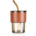 Anubhav Janni Glass Mug With Straw And Cover 400 Ml Mason Jar Drinking With Brown Leather Sleeve Water Juice Home Bar Office Use Clear Matching Straw (Pack Of 1 Pcs)