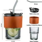 Anubhav Janni Glass Mug With Straw And Cover 400 Ml Mason Jar Drinking With Brown Leather Sleeve Water Juice Home Bar Office Use Clear Matching Straw (Pack Of 1 Pcs) - Image 2